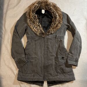 ROXY Women's Vtg Boho Cotton Canvas Parka/Jacket/Coat w/Faux Fur Collar‎ Sz Med